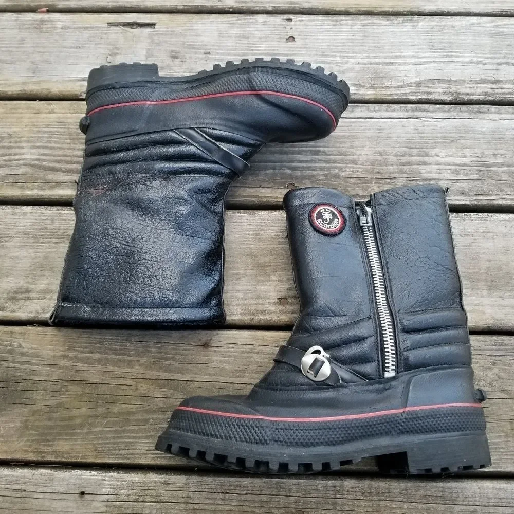 Vintage 80s Scorpion Snowmobile Boots Black Leather Red Stripe Grunge Distressed